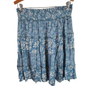 Bila Blue with White Floral Elastic Waist Knee Length Summer Skirt Size L